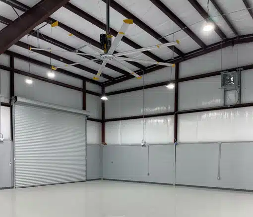 Inside a newly built industrial metal building